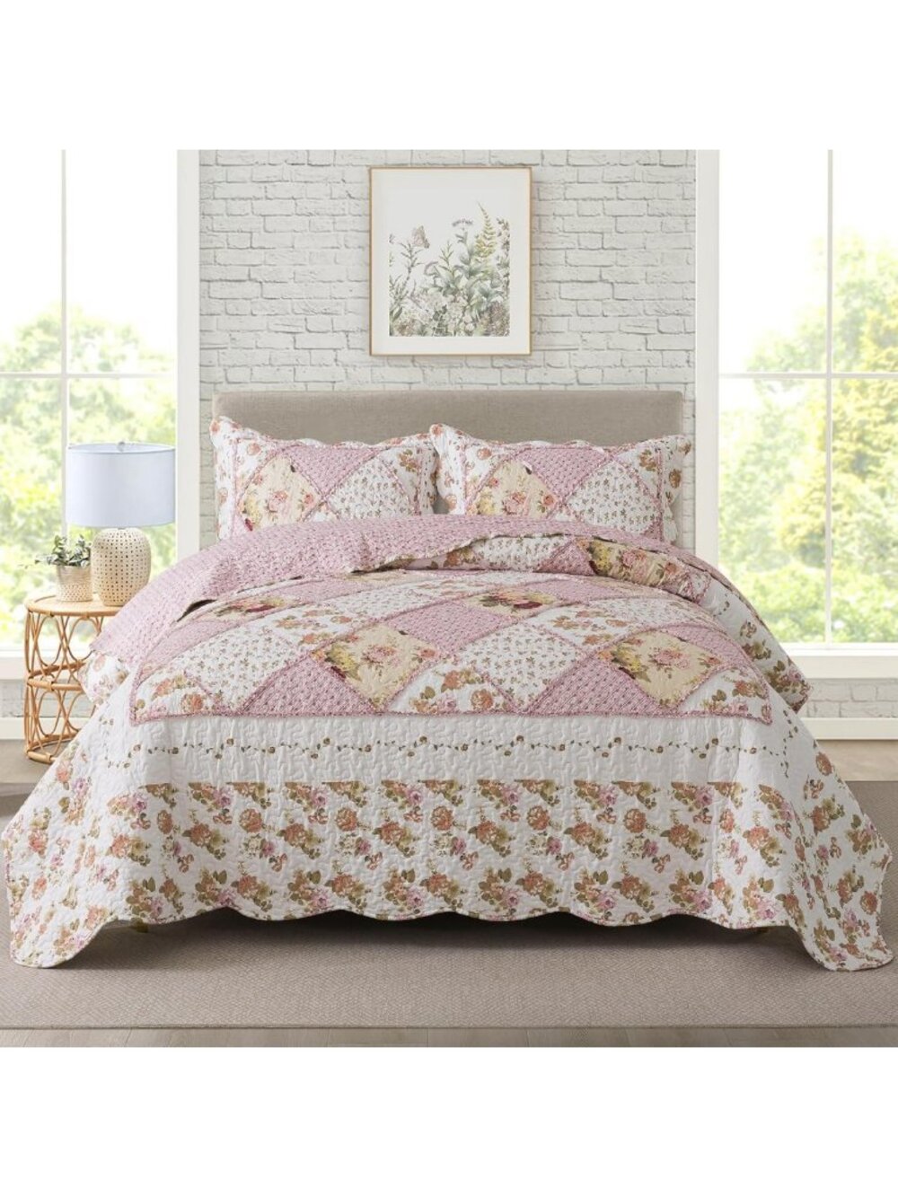 Floral Garden 3-Piece Quilt Set - Lightweight Oversized Bedspread & Shams, Queen
